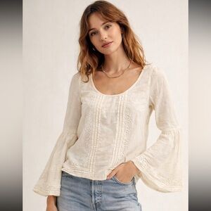 Free People Cream Flared Sleeve Blouse Beaded Peasant Top